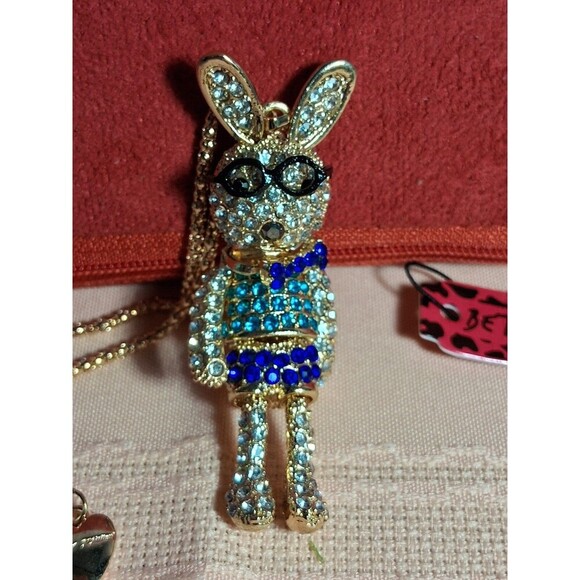 Betsey Johnson Bunny on a Chain, Silver and Blue, Moveable Lamb's - Picture 5 of 8